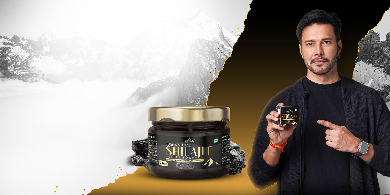 Shilajit banner with rajniesh duggall Himalayan Shilajit with Mountains and natural Herbs