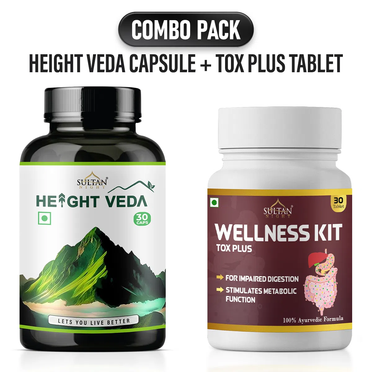 Sultan Night Tox Plus + Height Veda Capsule Combo : Clean your body toxin | Improve metabolism rate | Increase appetite | Retain muscle and joint firmness