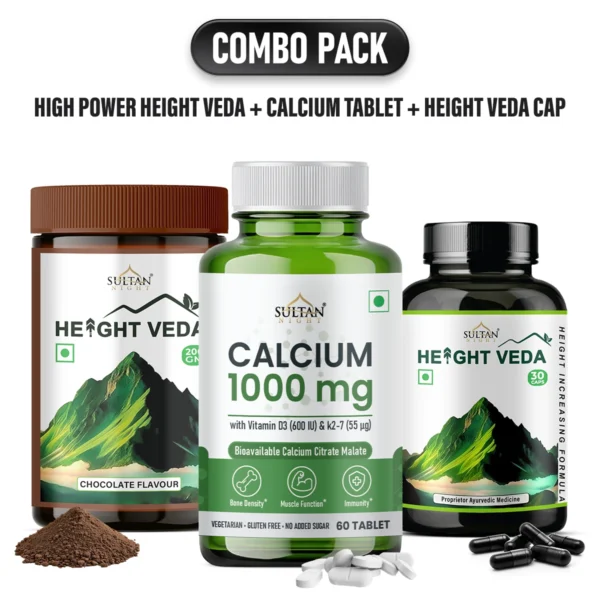 Sultan Night Full Height Boost Package: Height Veda Powder (Chocolate Taste) + Height Veda Capsule + Calcium Tablet
